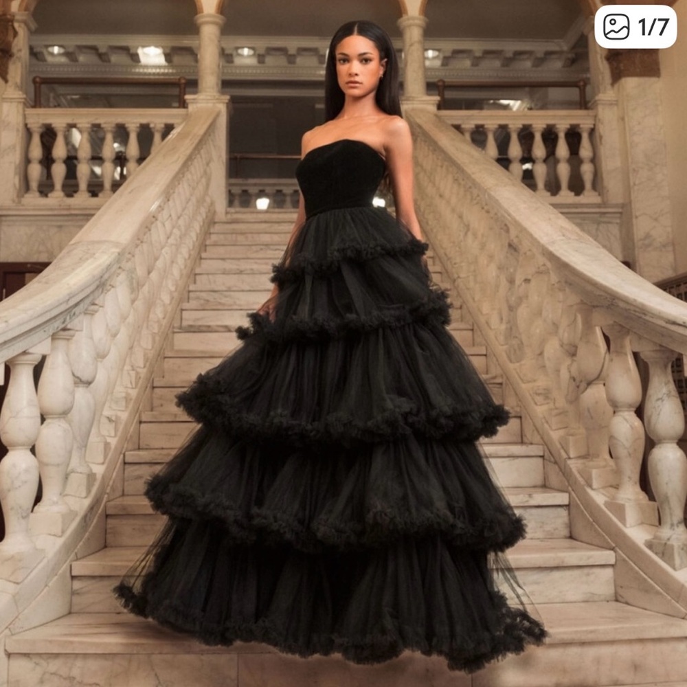 Mac Duggal Black Strapless RuffleTiered Ball Gown